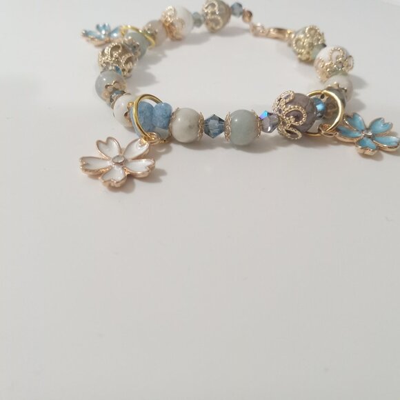 Aquamarine, White Amazonite, Blue Amazonite Blue and White Cherry Blossom Bracel - Picture 1 of 13